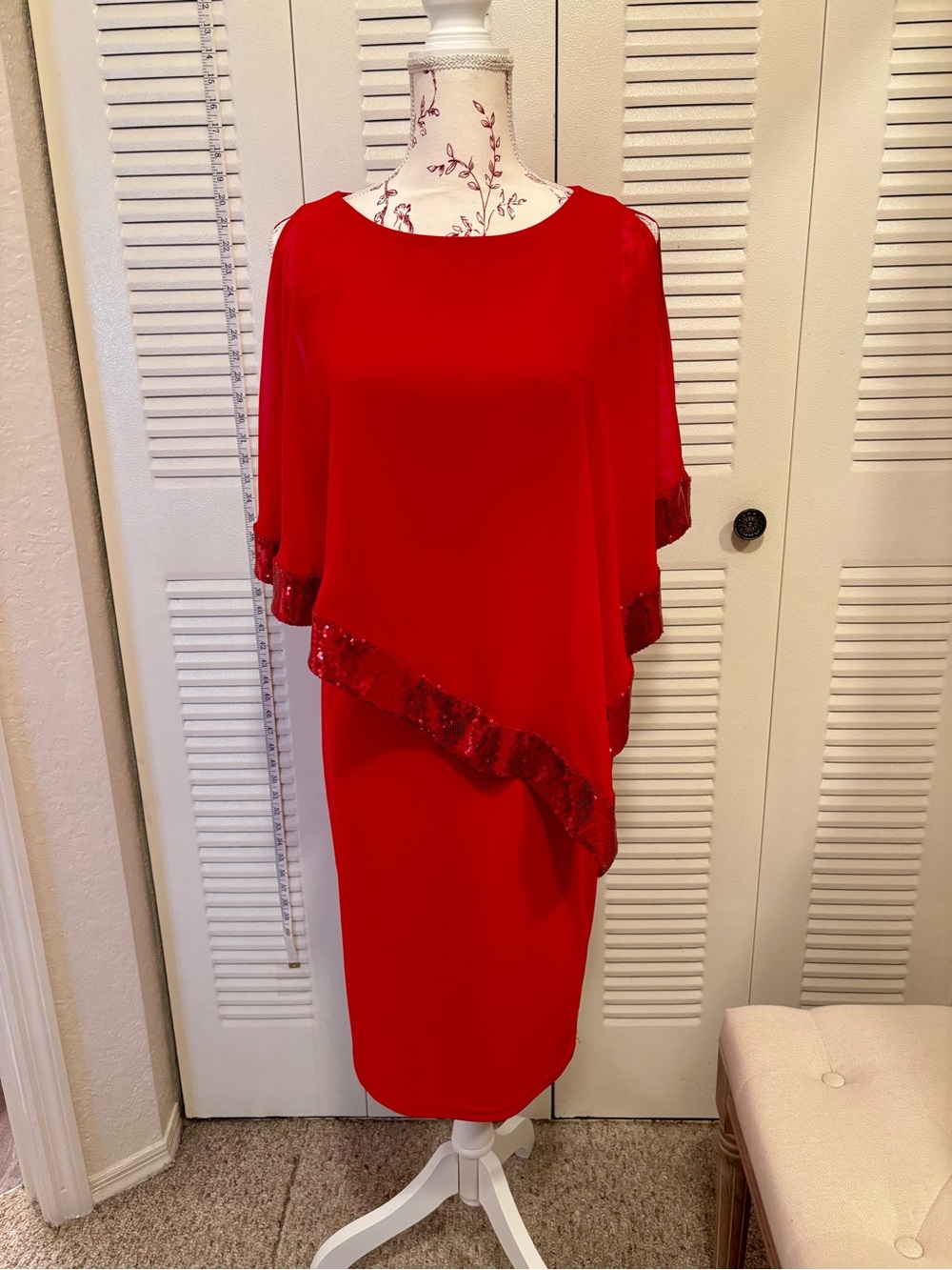 Joseph Ribkoff Red Asymmetric Sequin-Trim Midi Dress